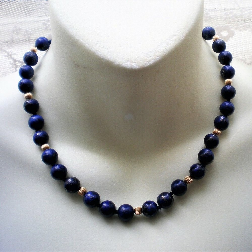 Antique Vintage 14K 585 Gold Lapis Lazuli 9.75MM-10MM Beads Beaded Necklace